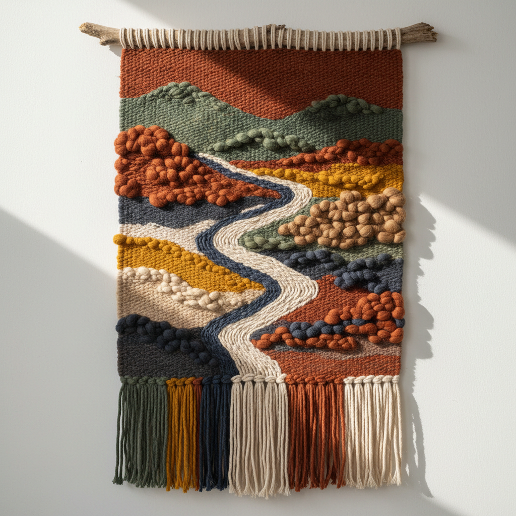 Fiber art tapestry with earthy tones, woven wool and cotton cord in abstract landscape pattern