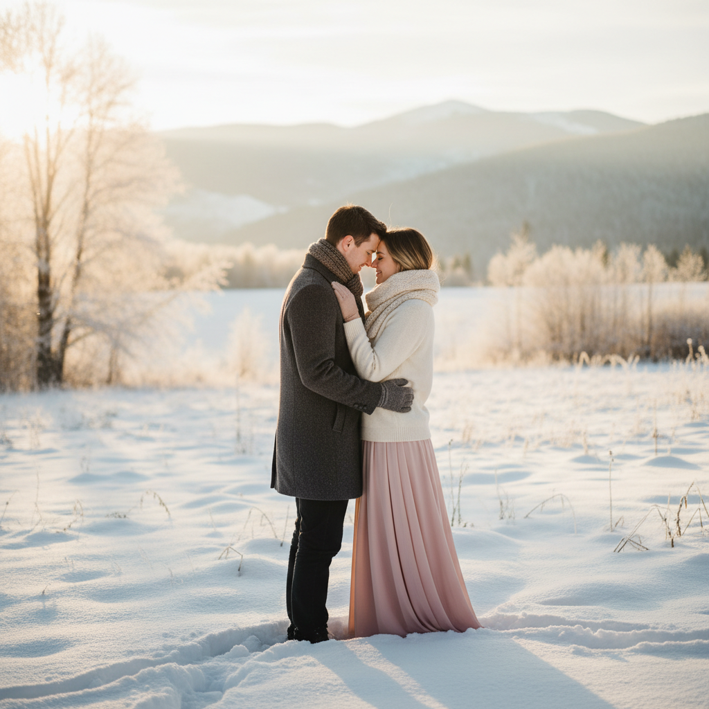 Couple standing in soft winter light at golden hour, editorial photography style with muted tones