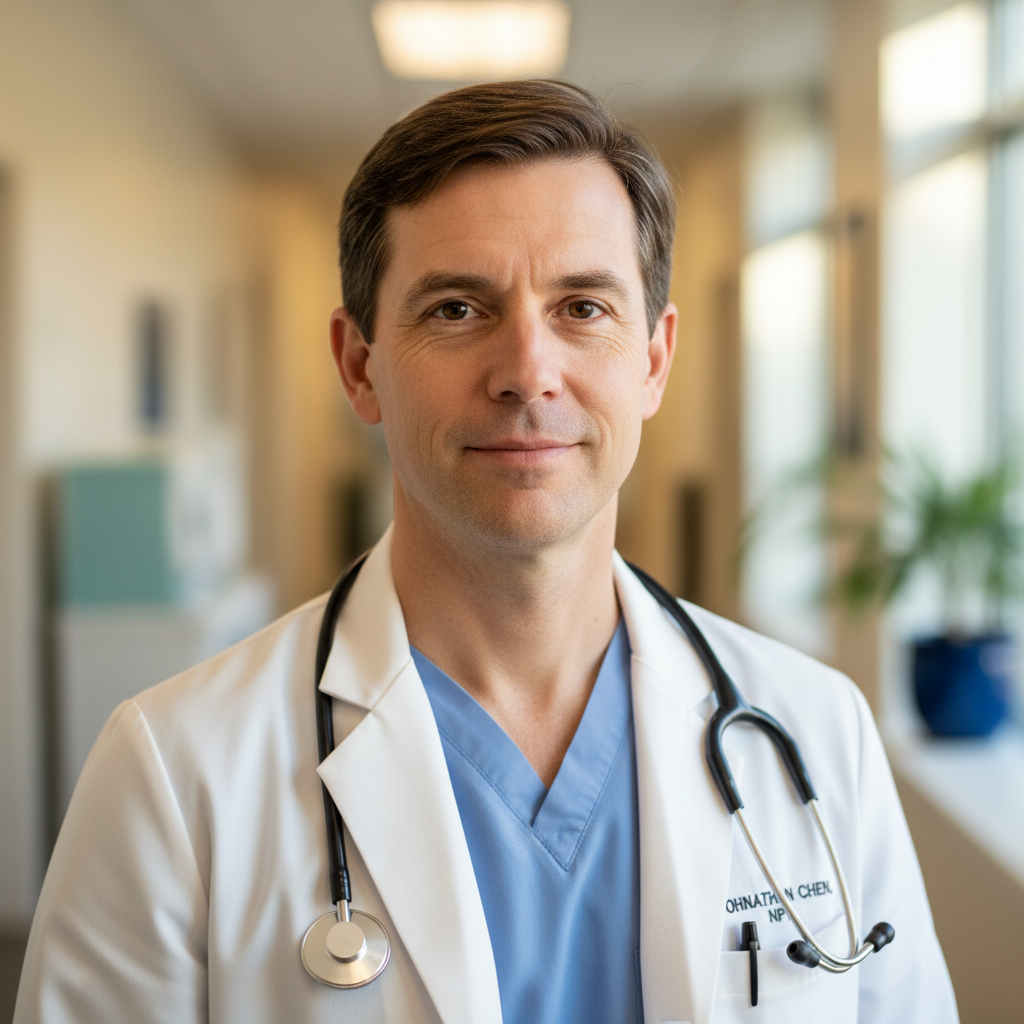 Portrait of James Calloway, nurse practitioner, calm professional photo