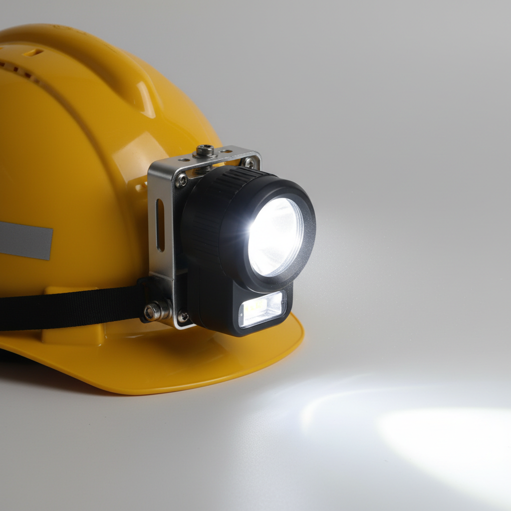 Modern LED mining cap lamp with bright white beam mounted on safety helmet