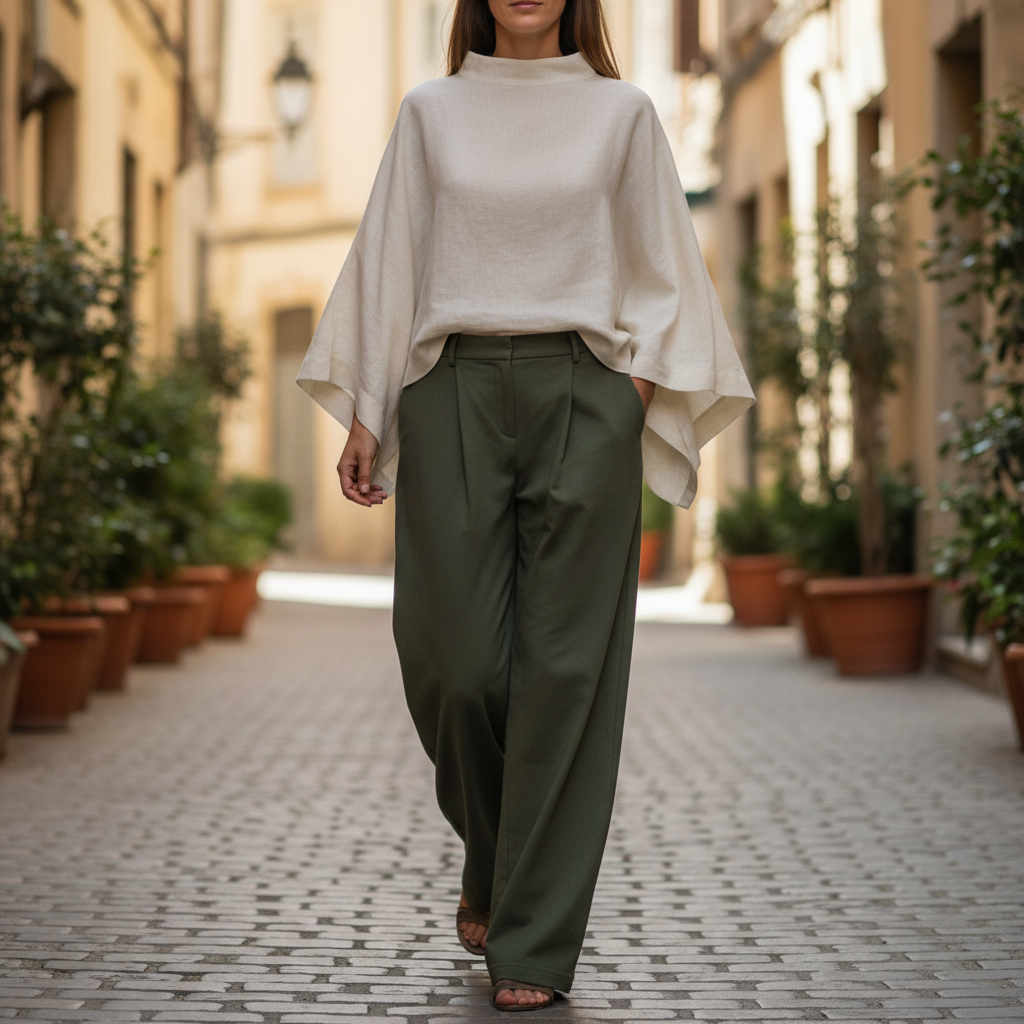 Wide leg cargo pants in olive green worn by young woman on city street