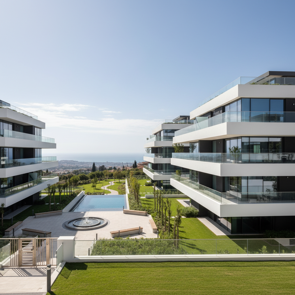 Modern white residential building with large windows surrounded by green landscape