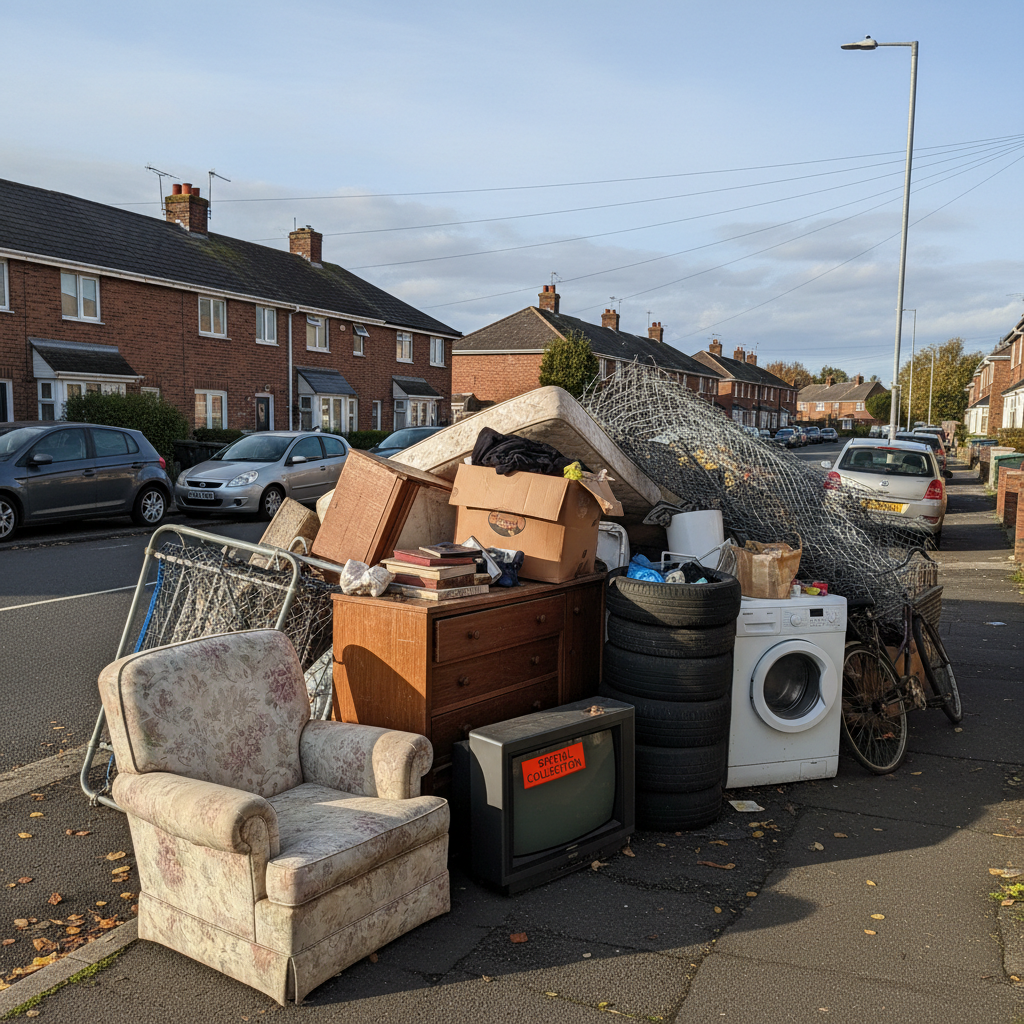 Pile of old furniture and appliances at curbside in a Nashville neighborhood, bright daylight, residential setting