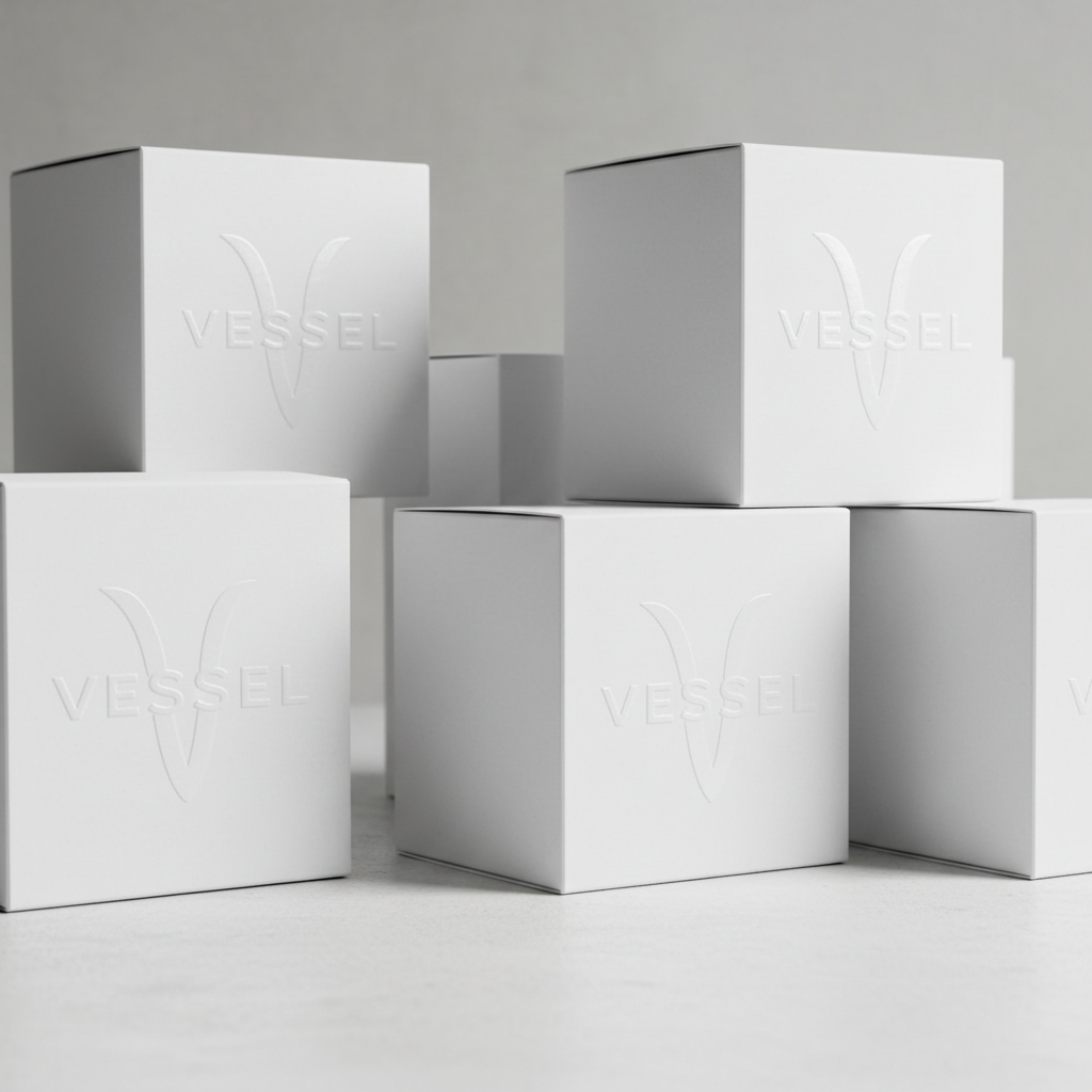 Premium product packaging boxes with elegant foil stamping and embossing on a clean white studio background