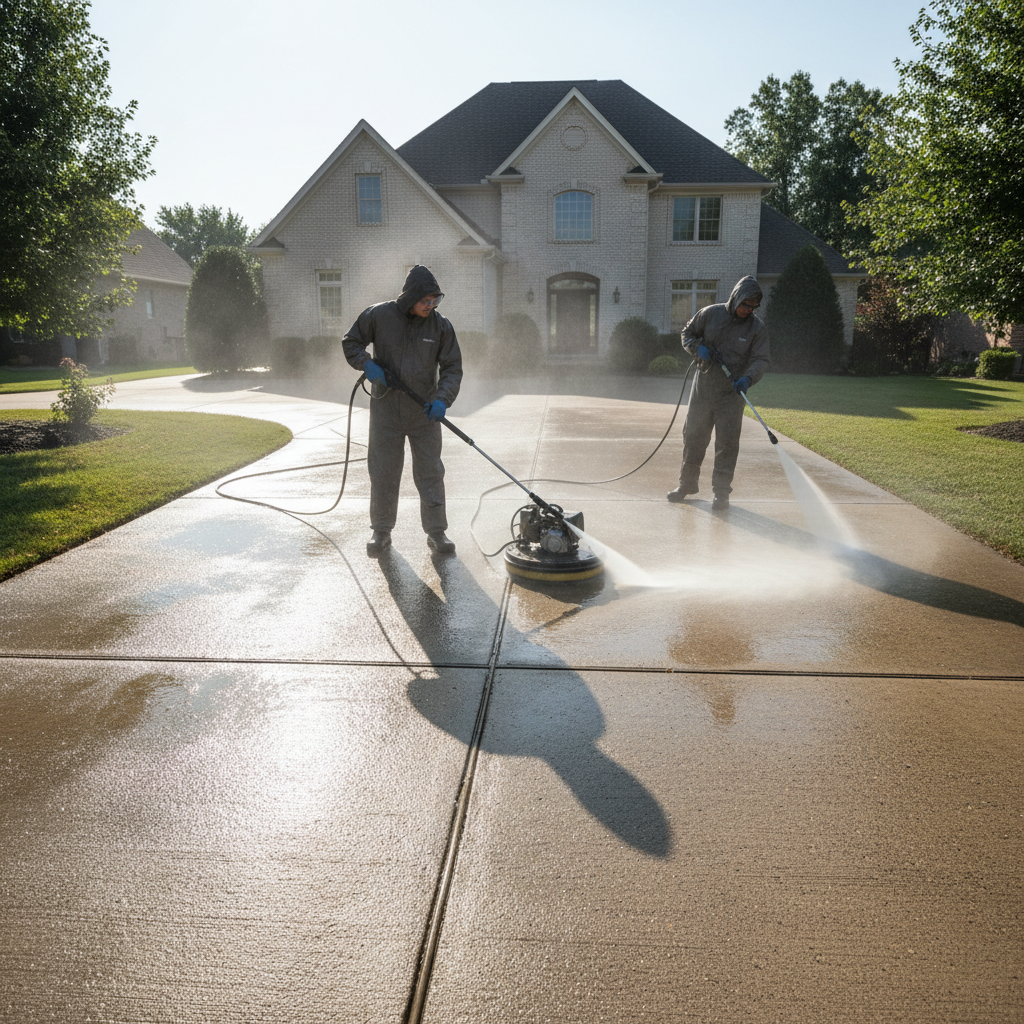 Professional power washing technician in blue uniform operating high-pressure cleaning equipment on residential driveway