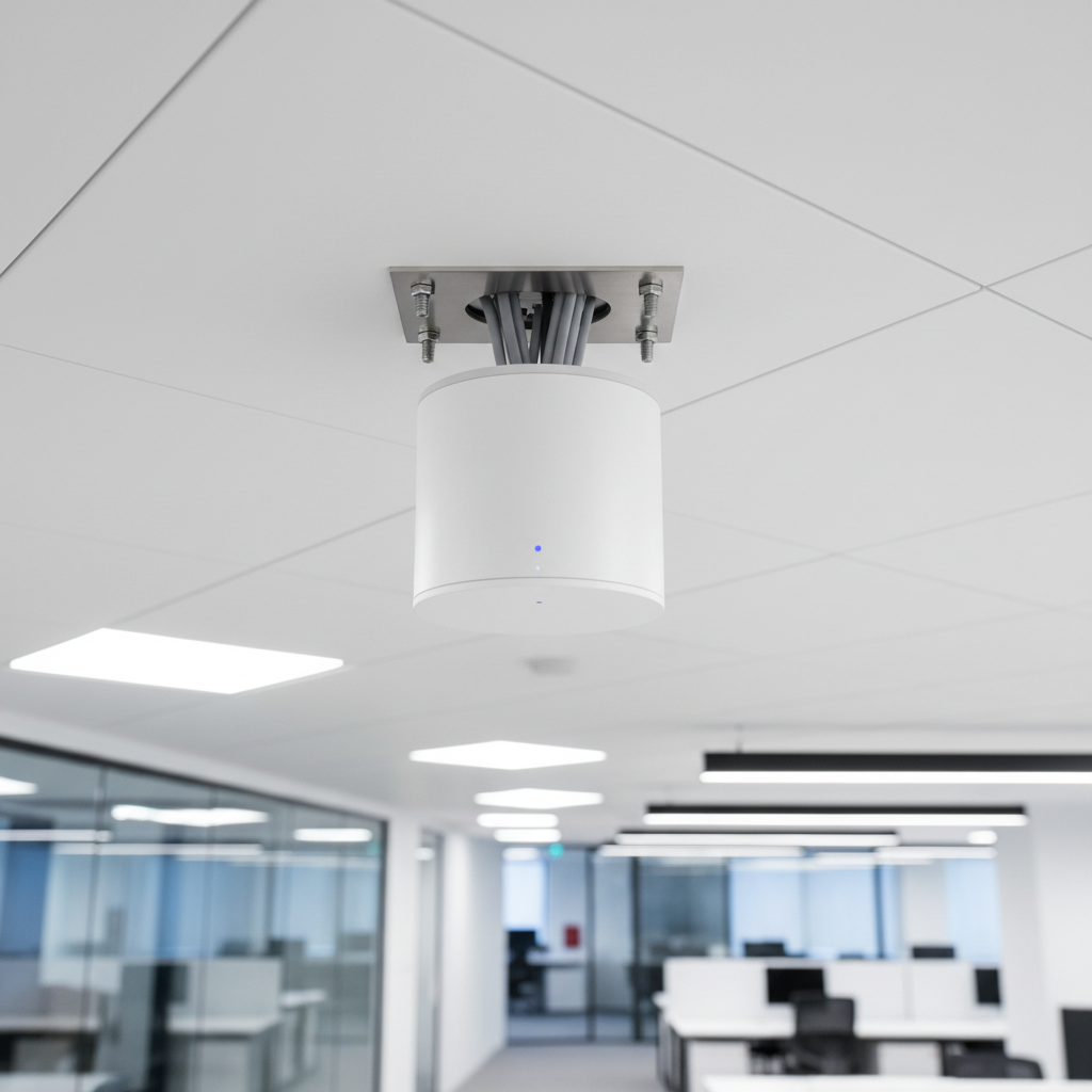 Indoor distributed antenna system node mounted on ceiling in modern office building