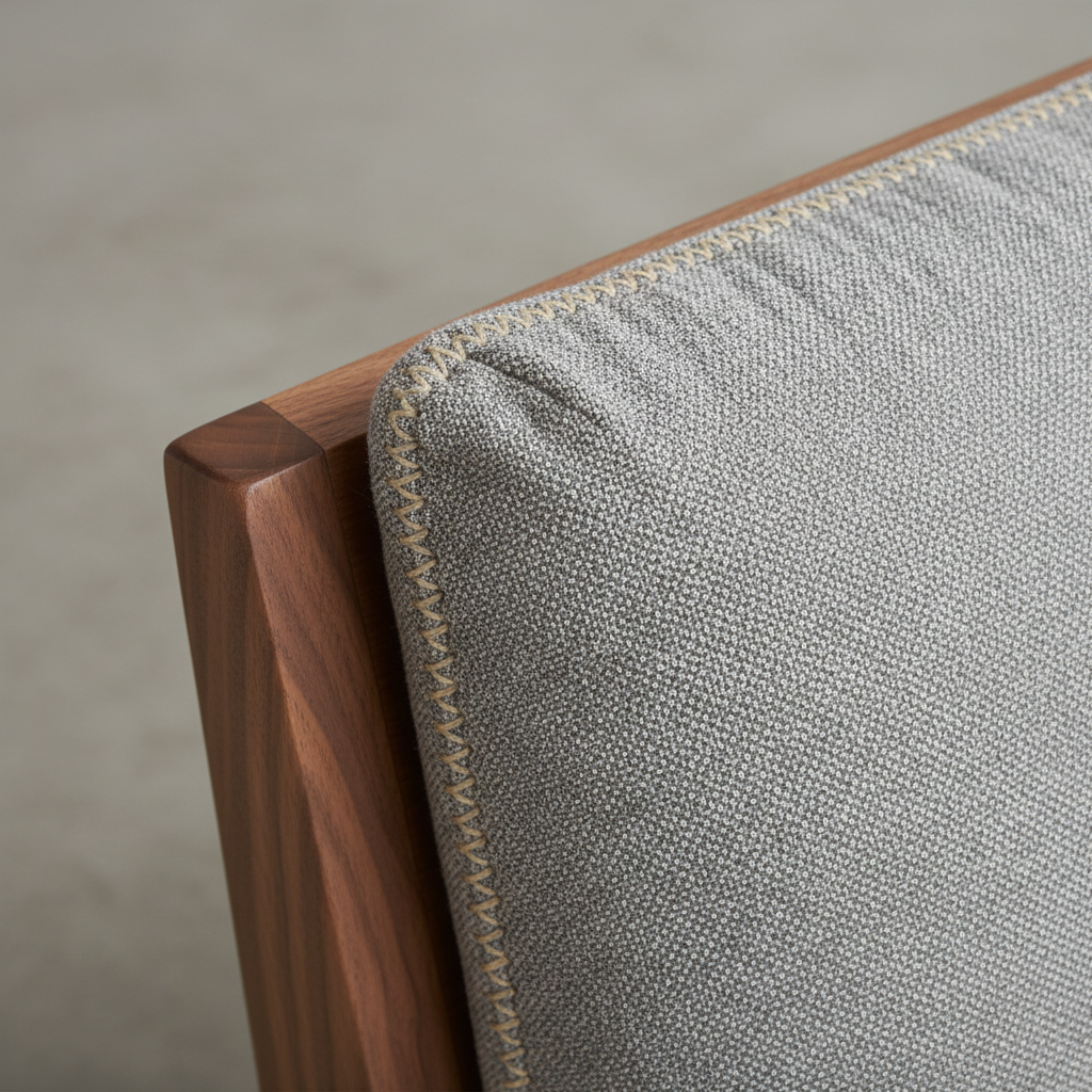 Amara Lounge Chair detail shot showing hand-stitched fabric seam and timber joint finish