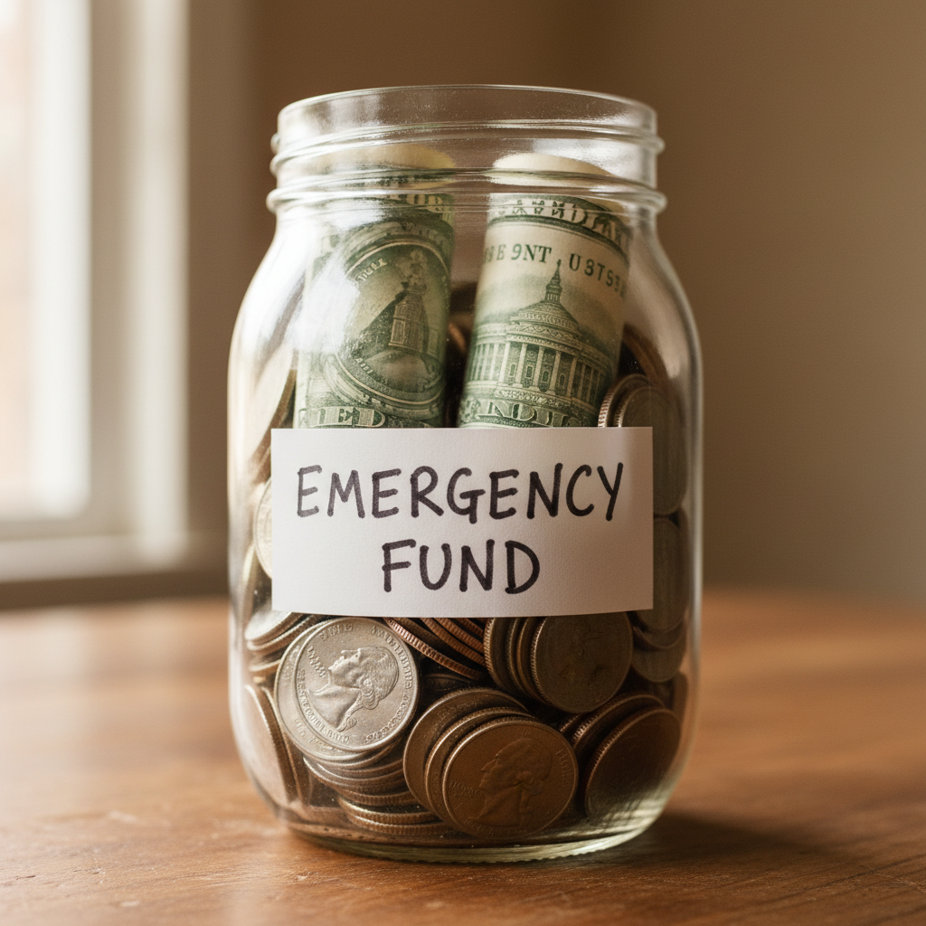 Glass jar filled with coins and emergency fund label on wooden table with calculator