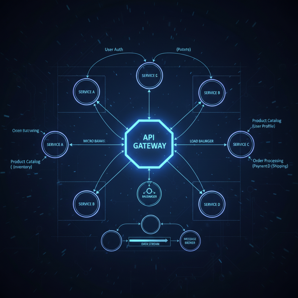 Code architecture diagram on dark screen showing microservice routing patterns