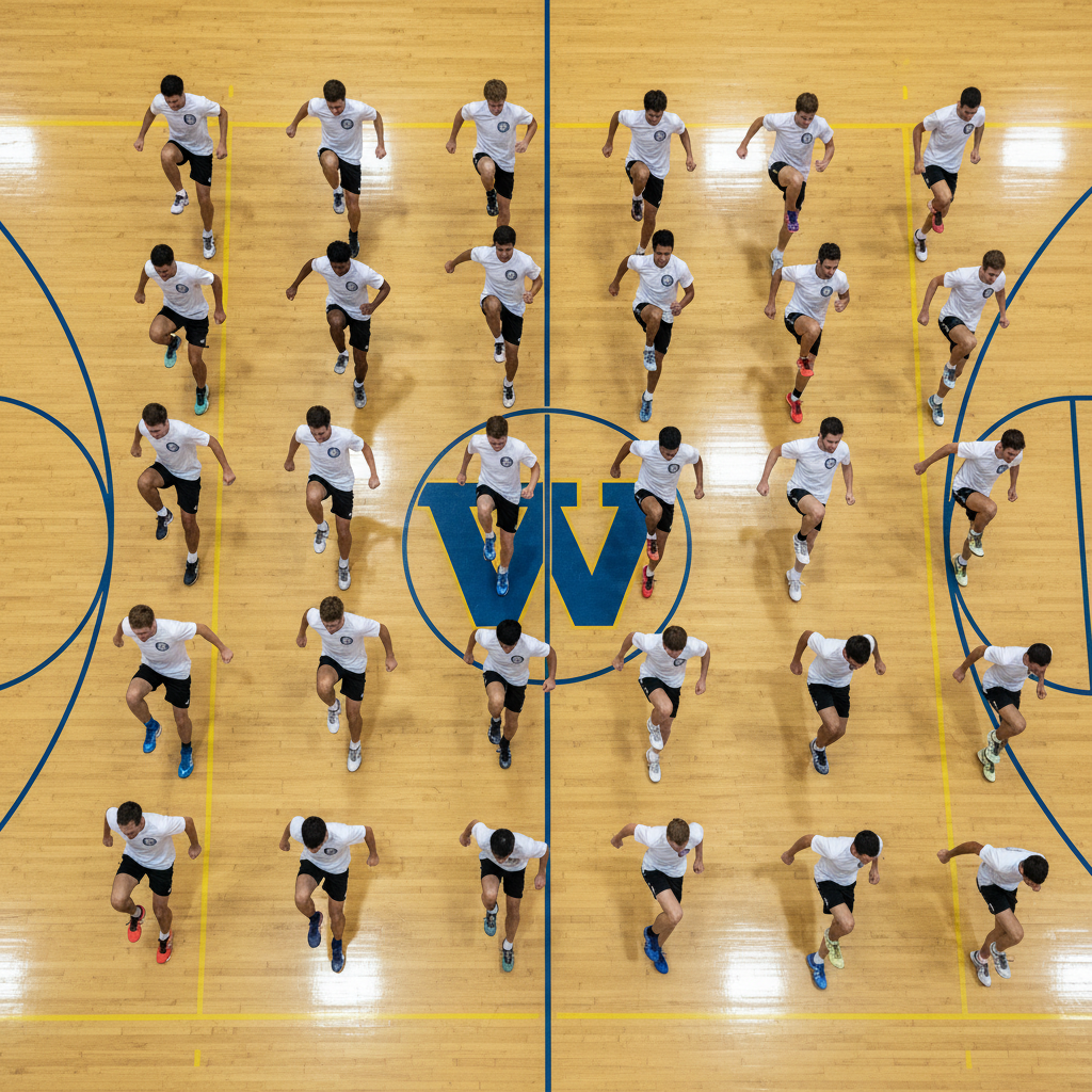 Students practicing footwork drill viewed from overhead angle