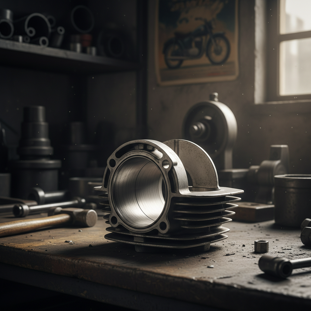 Engine cooling components, dark workshop environment, atmospheric lighting