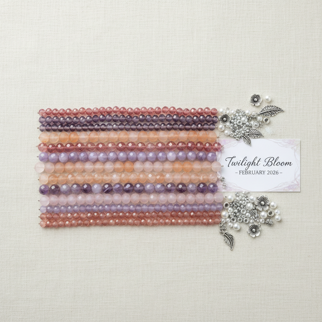 February 2026 Twilight Bloom bead kit flat-lay on linen — rose, lavender, and peach beads arranged in rows