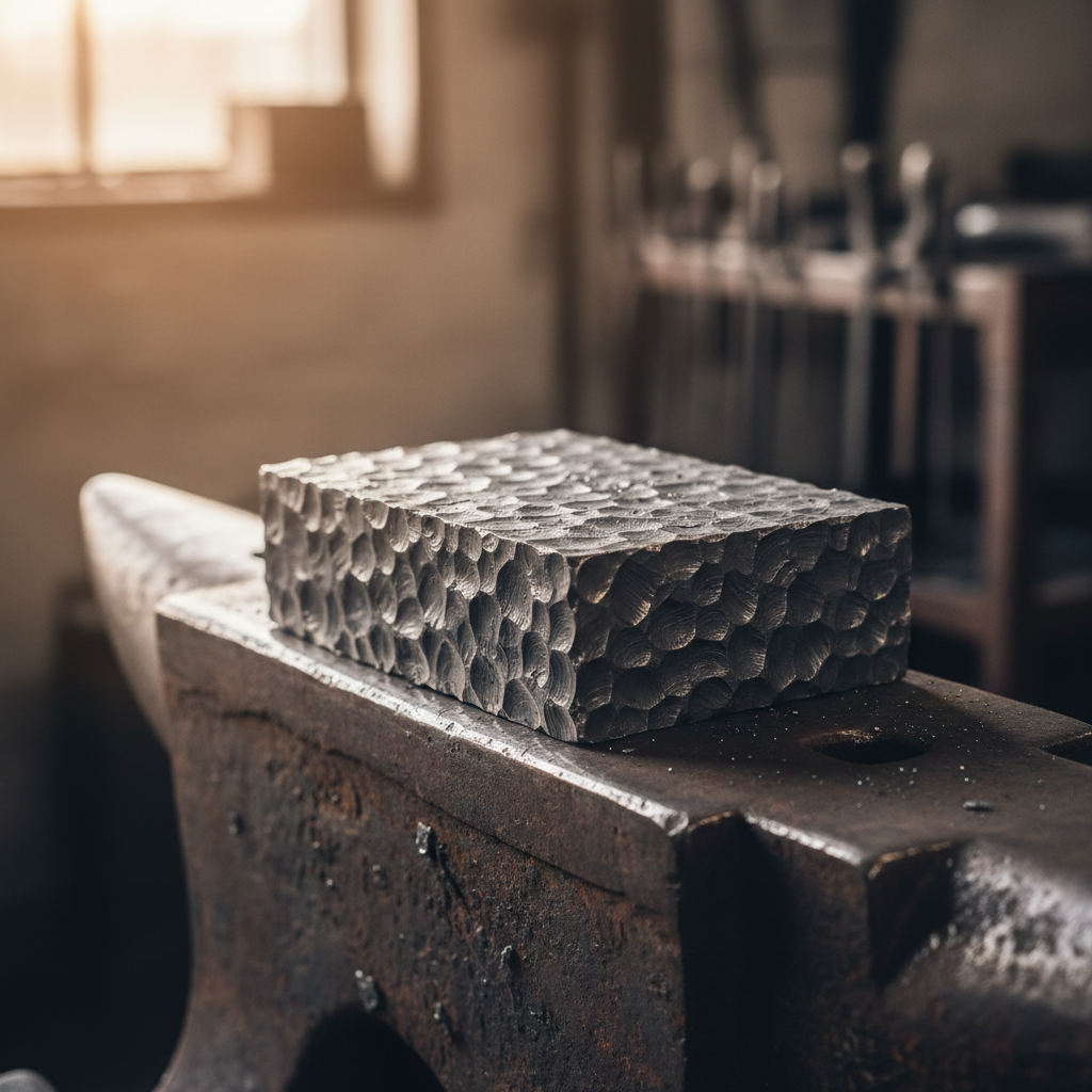Raw high-carbon steel billet resting on a forge anvil, hammer marks visible on the surface