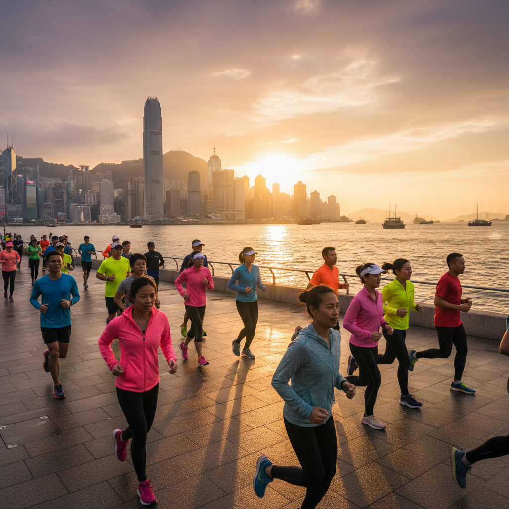 Group of runners along Victoria Harbour waterfront at golden hour with city skyline behind