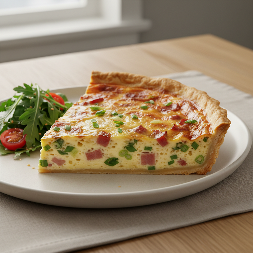 Quiche lorraine slice on plate, bright French bistro table setting, golden crust