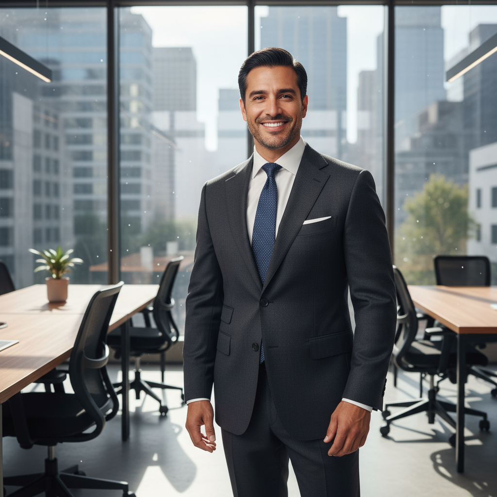 Hispanic man in dark suit with confident expression in modern office setting