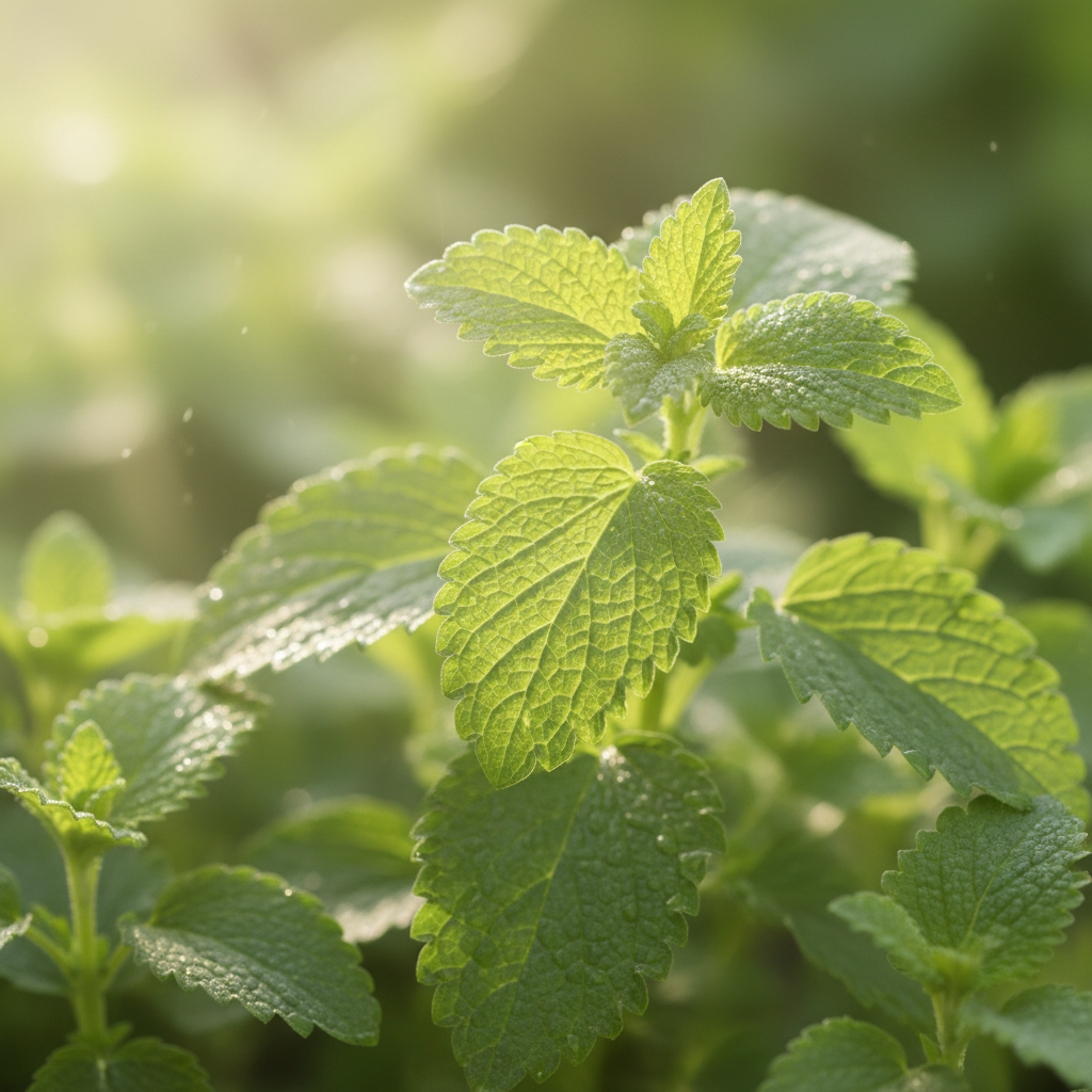 Fresh lemon balm leaves with morning light filtering through