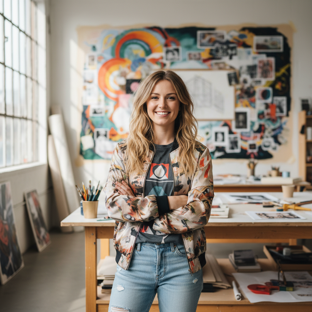 Creative young woman in stylish outfit with artistic background