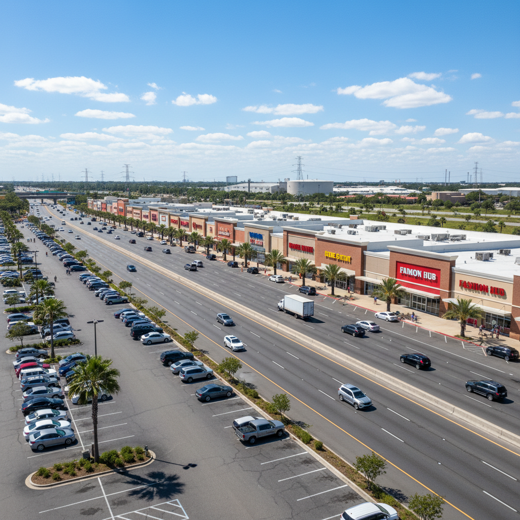 Aerial view of a commercial retail center with parking lots and surrounding roads