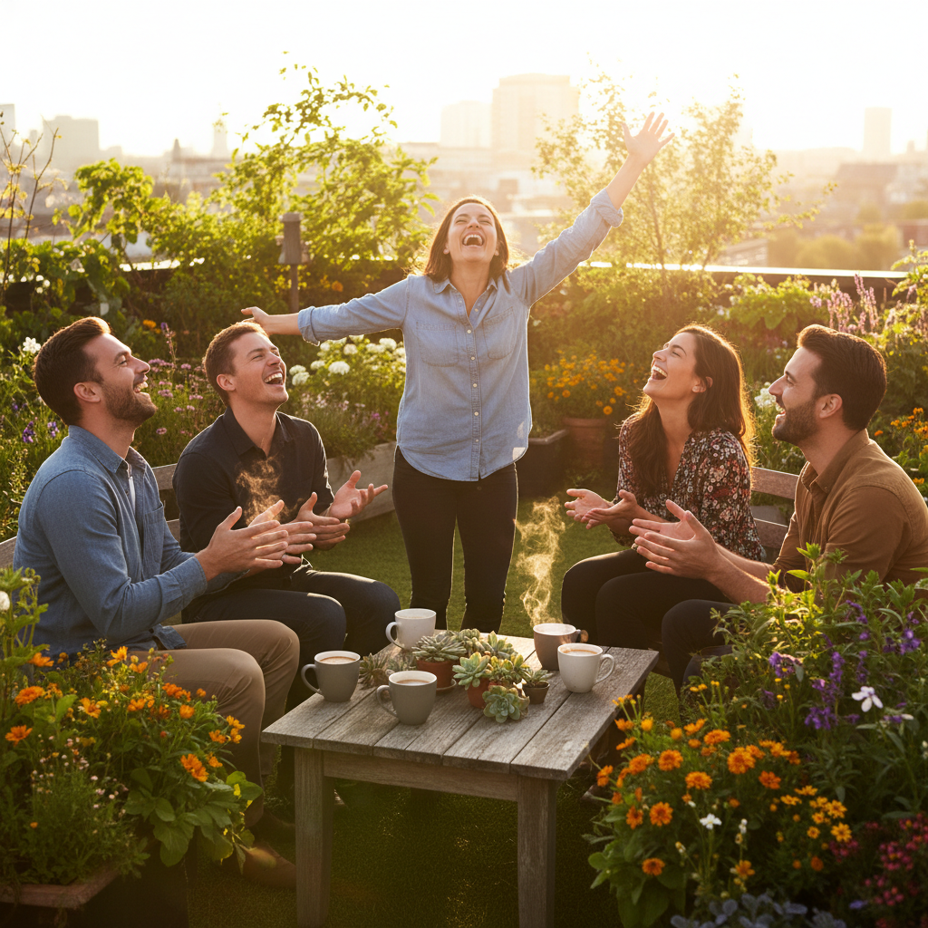 Small circle of colleagues mid-laugh on a rooftop garden, one person mid-stretch, coffee cups on a low table, golden-hour warmth on their faces