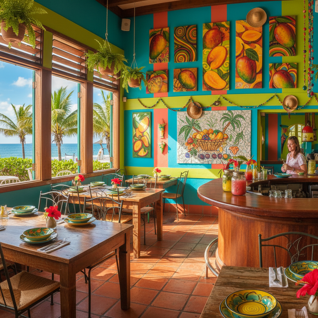 Colorful Caribbean restaurant with local cuisine and tropical atmosphere