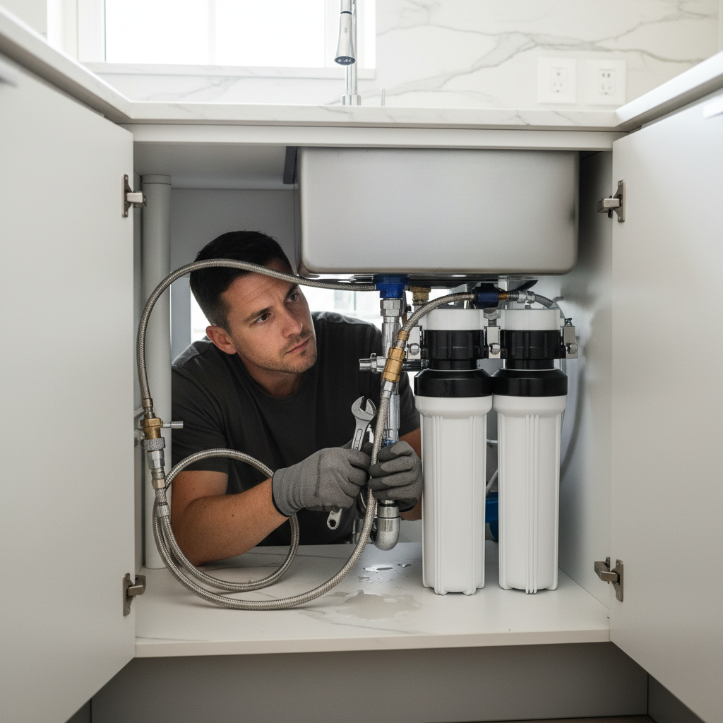 Technician Caleb Osei installing a filtration system under a kitchen sink