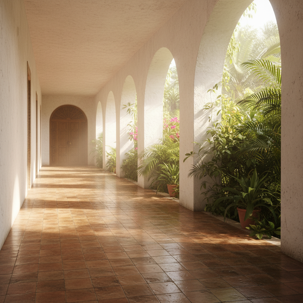 Casa Arvona Portuguese colonial corridor with terracotta tiles, arched windows, and tropical plants