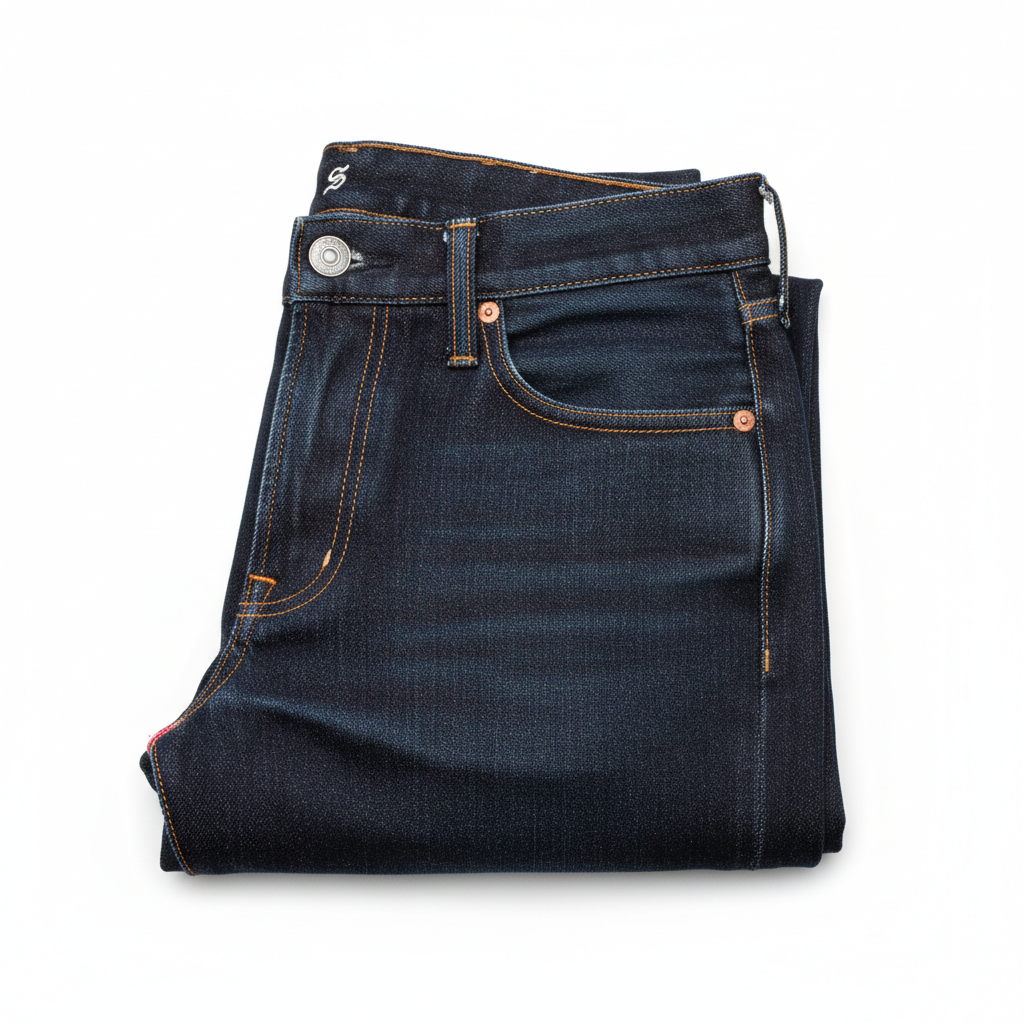 Calça jeans slim fit azul dobrada sobre fundo branco
