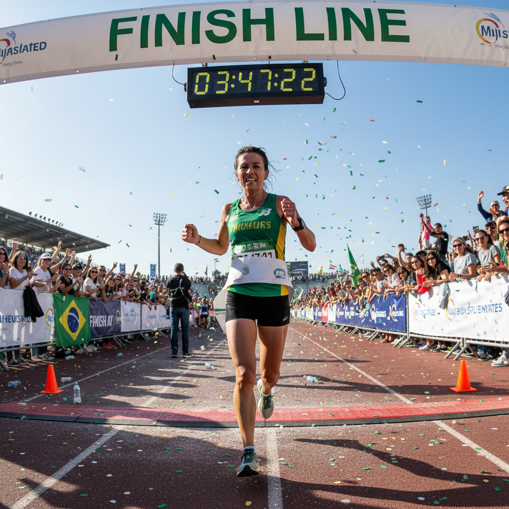 Masters runner crossing finish line at championship race
