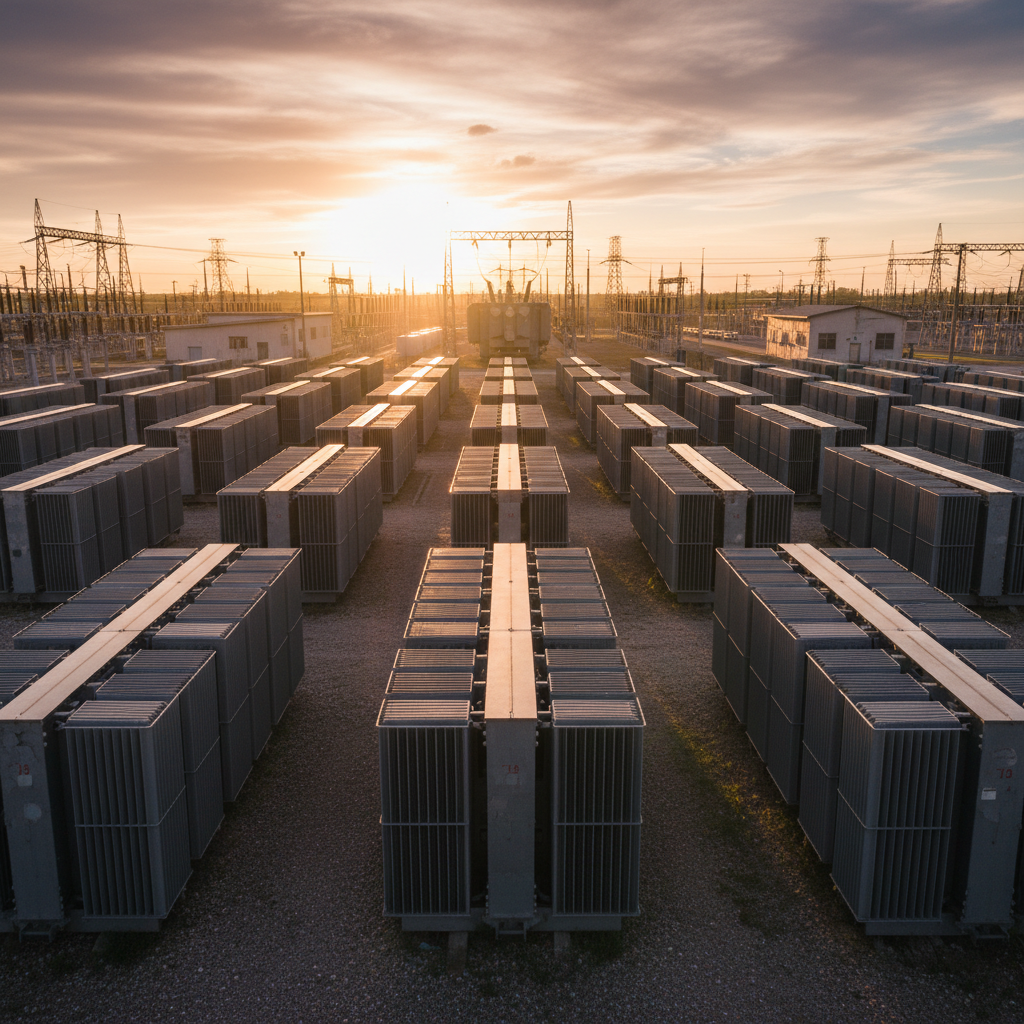 Transformer yard at golden hour with rows of finned radiator tanks catching low sunlight