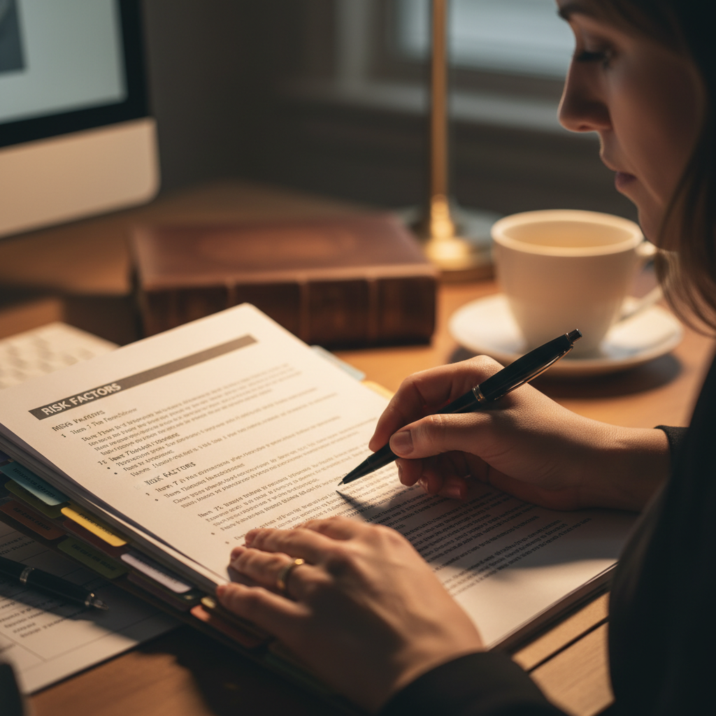 Attorney reviewing a franchise disclosure document, pen in hand over tabbed pages with warm sidelight
