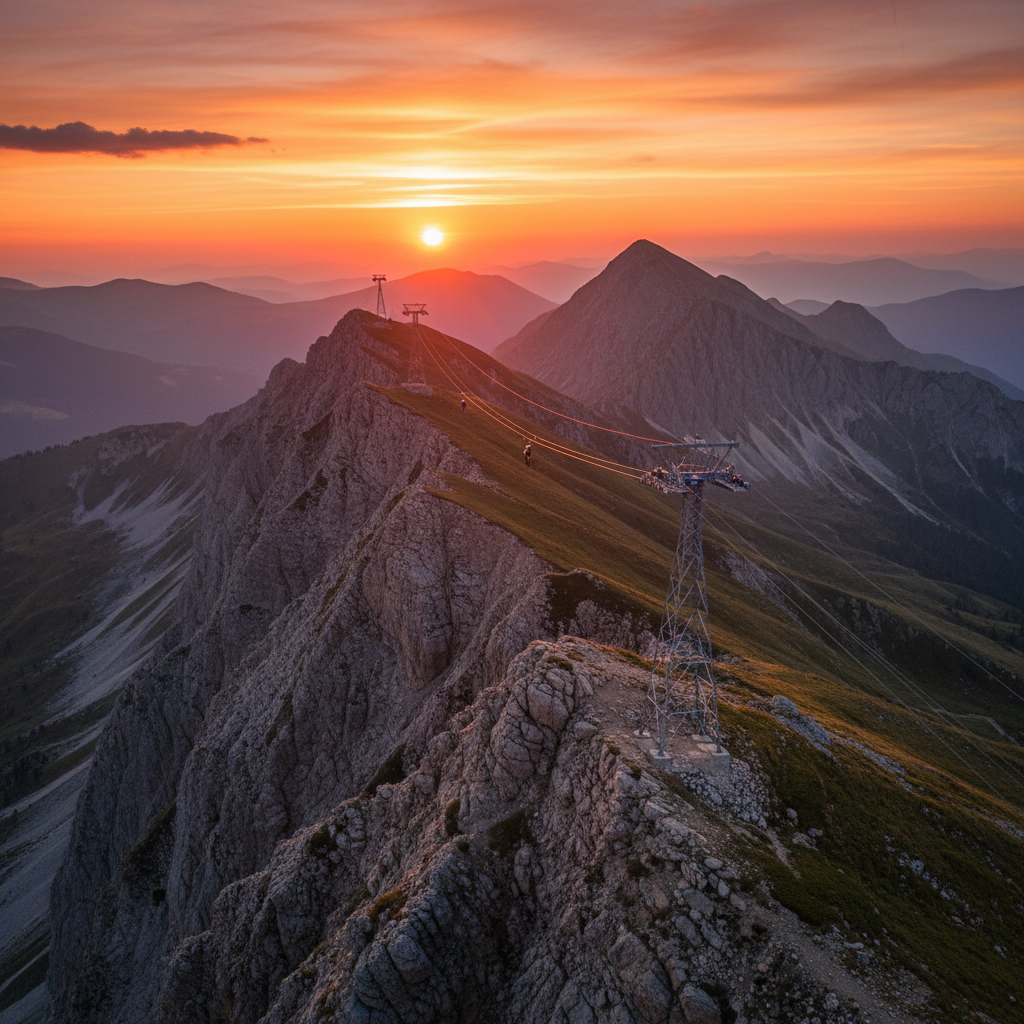 Dramatic mountain landscape at sunset with zip line towers visible on ridgeline