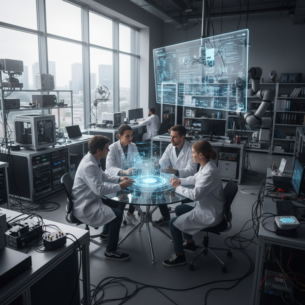 Team of researchers collaborating on innovative technology development in modern research lab