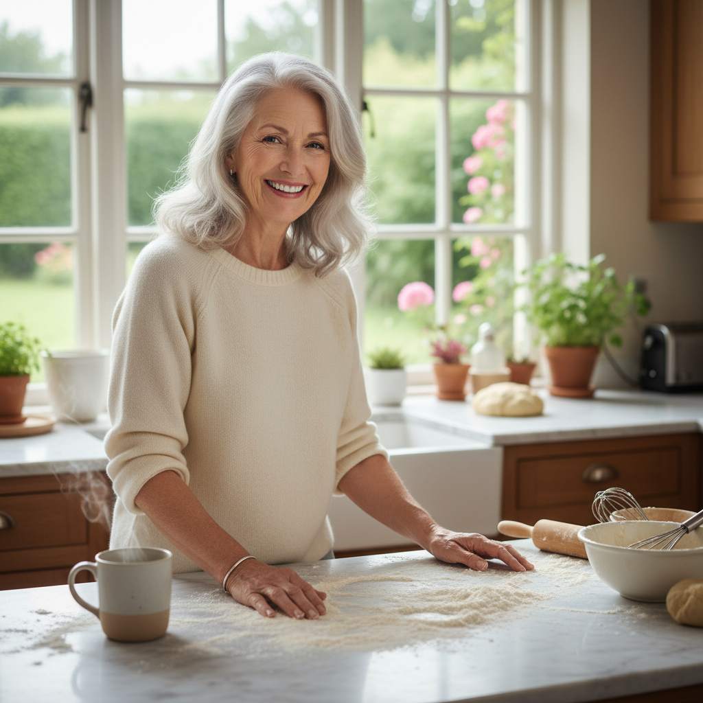 Margaret Osei, silver-haired woman in white linen apron smiling at a flour-dusted marble counter