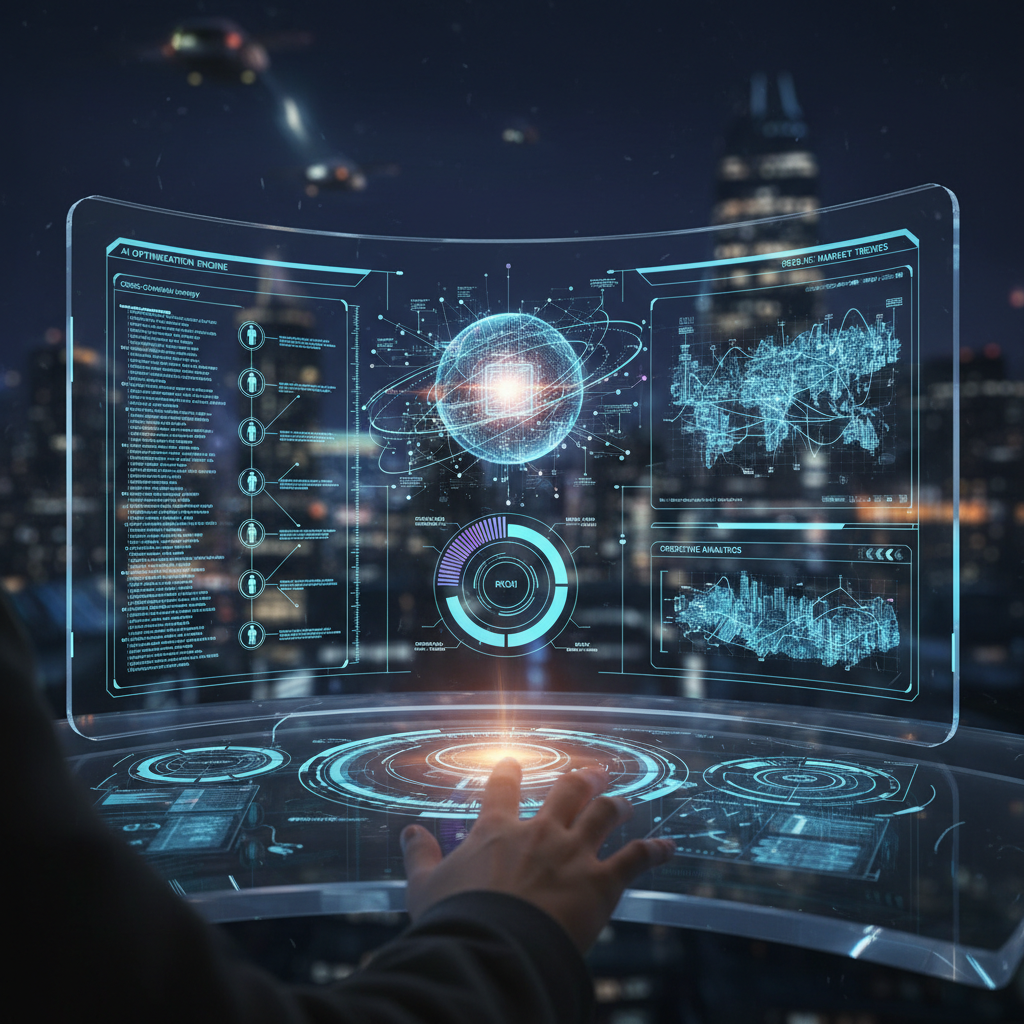 Futuristic AI interface with trading algorithms and data visualization