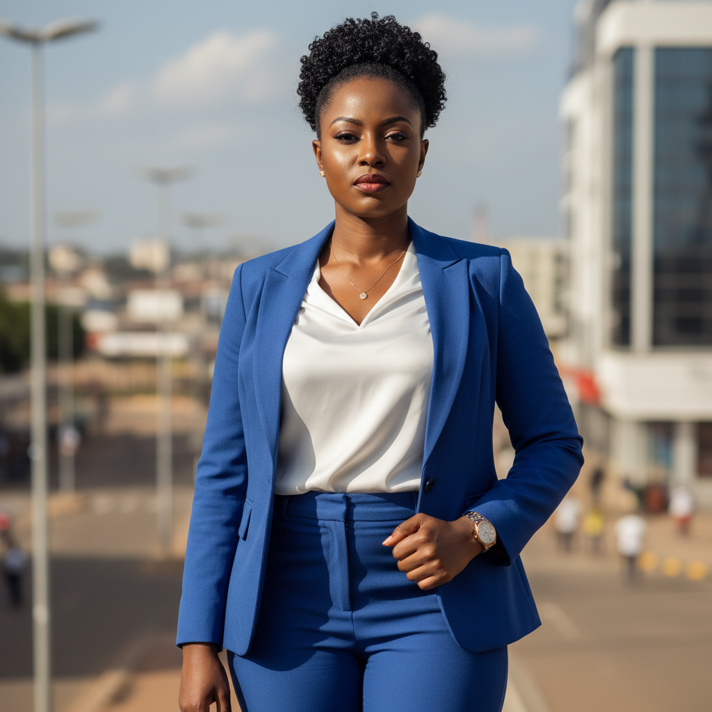 Confident Tanzanian woman smiling in bright daylight, clear background, warm natural tones