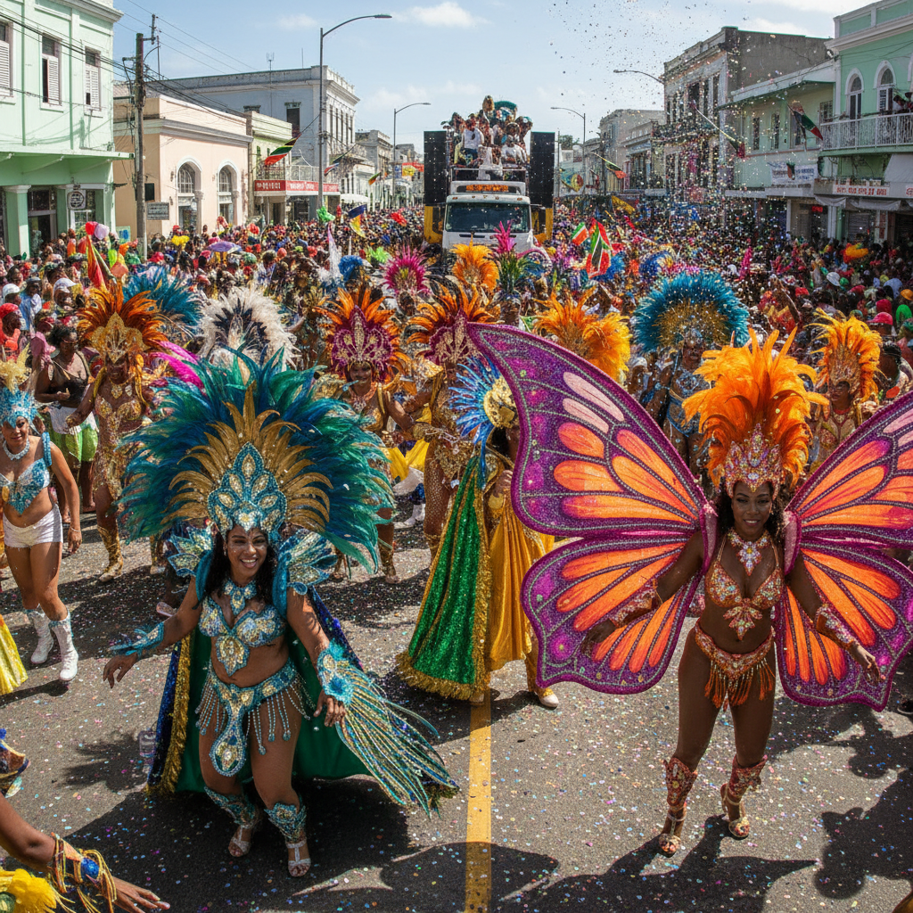 Vibrant Caribbean festival with colorful costumes and celebrations in Dominica