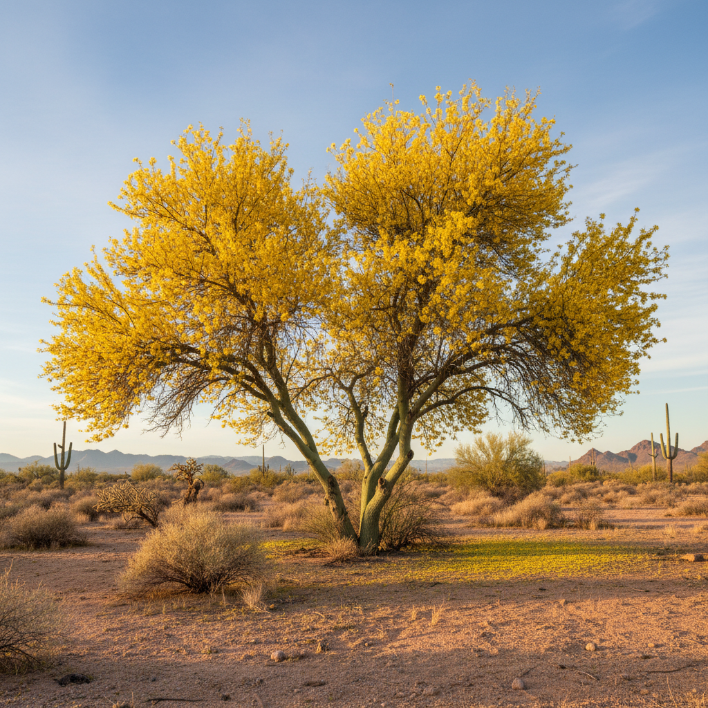 Blue palo verde tree with bright yellow flowers blooming in spring desert