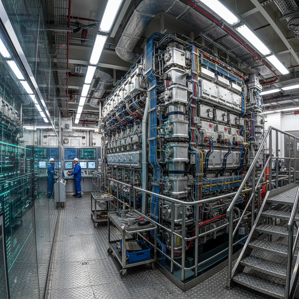 Marine engine room with modern diesel engine installation and instrumentation