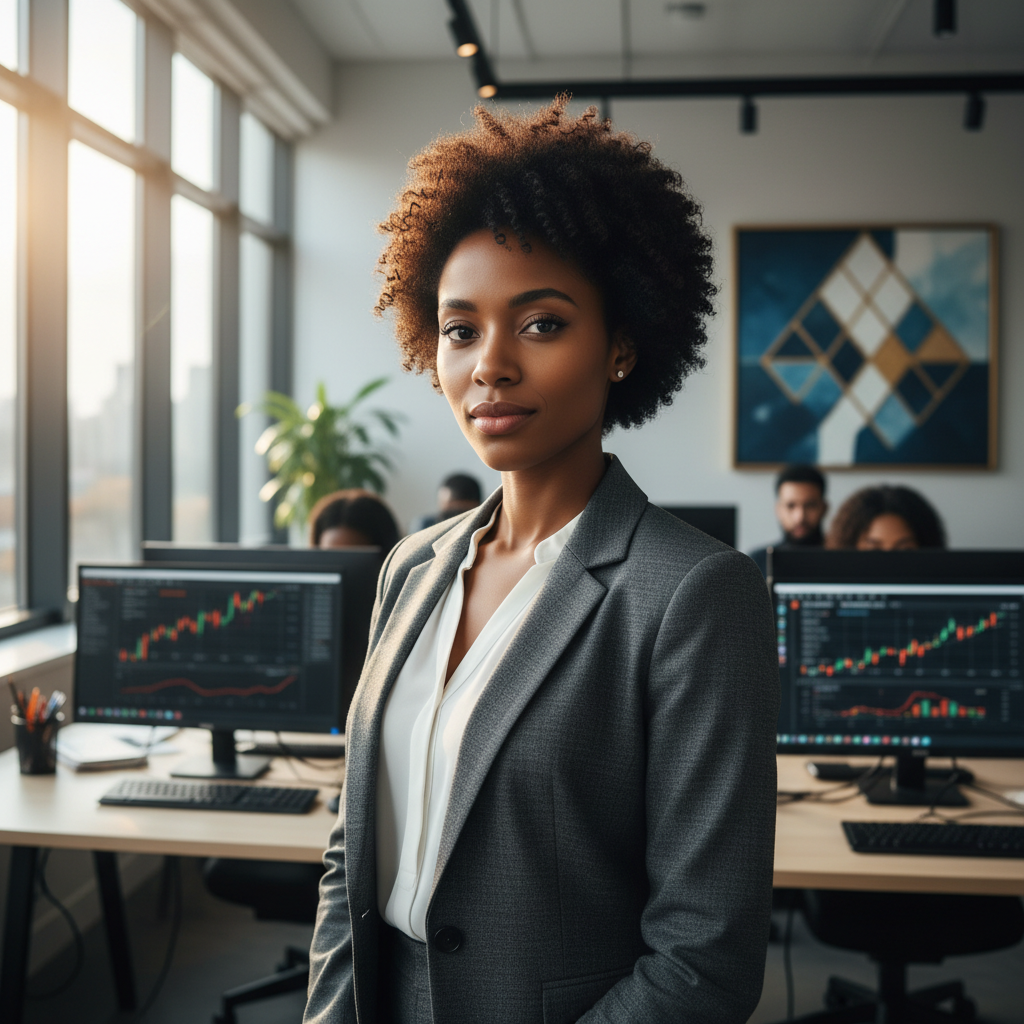 African woman with natural hair, bright office background, professional appearance