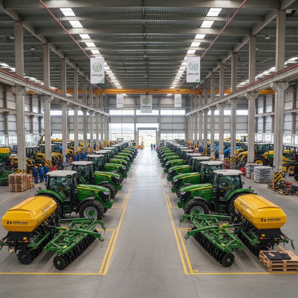 Agricultural machinery and equipment displayed at outdoor farm show exhibition