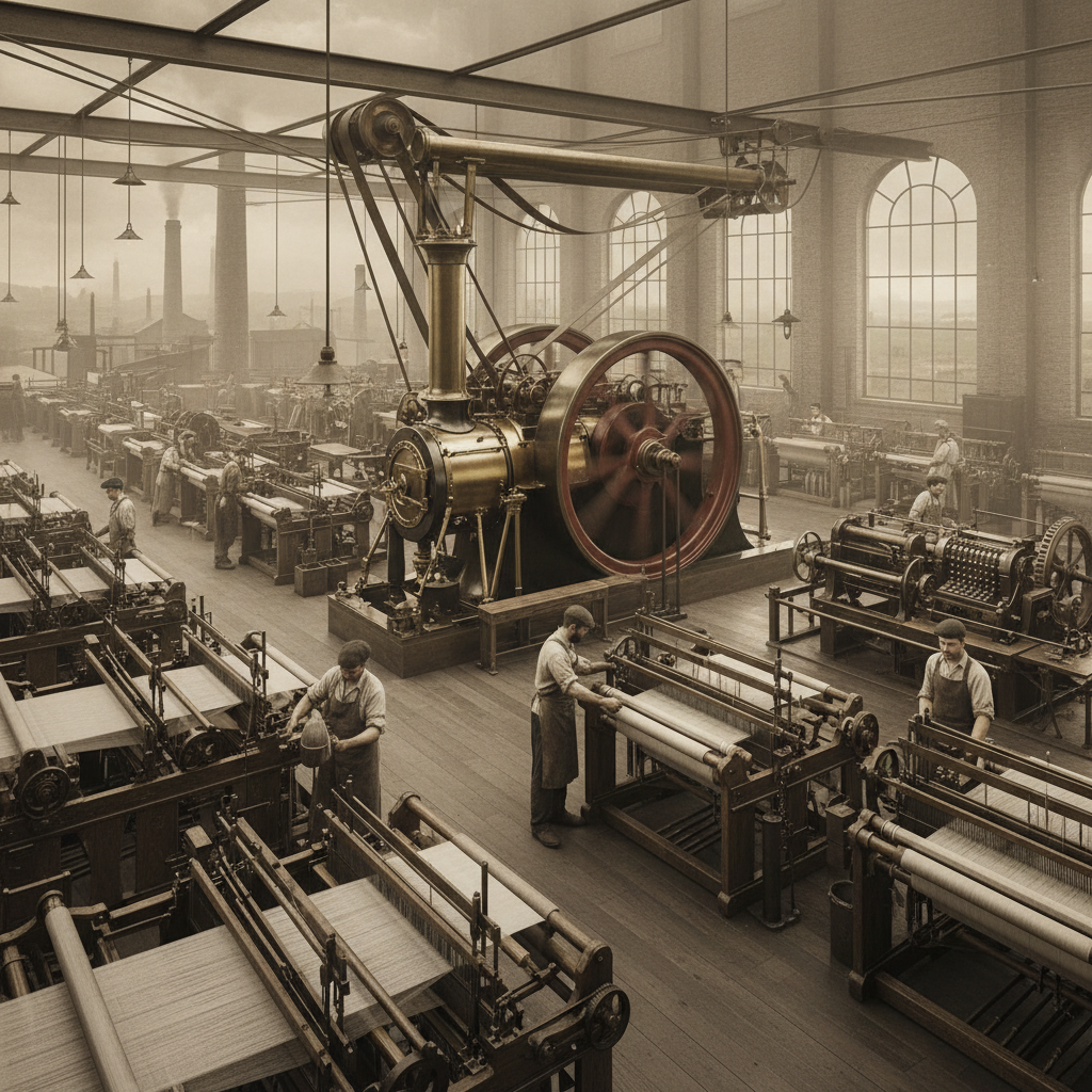 Indian textile factory workers operating large industrial looms in a modern manufacturing facility