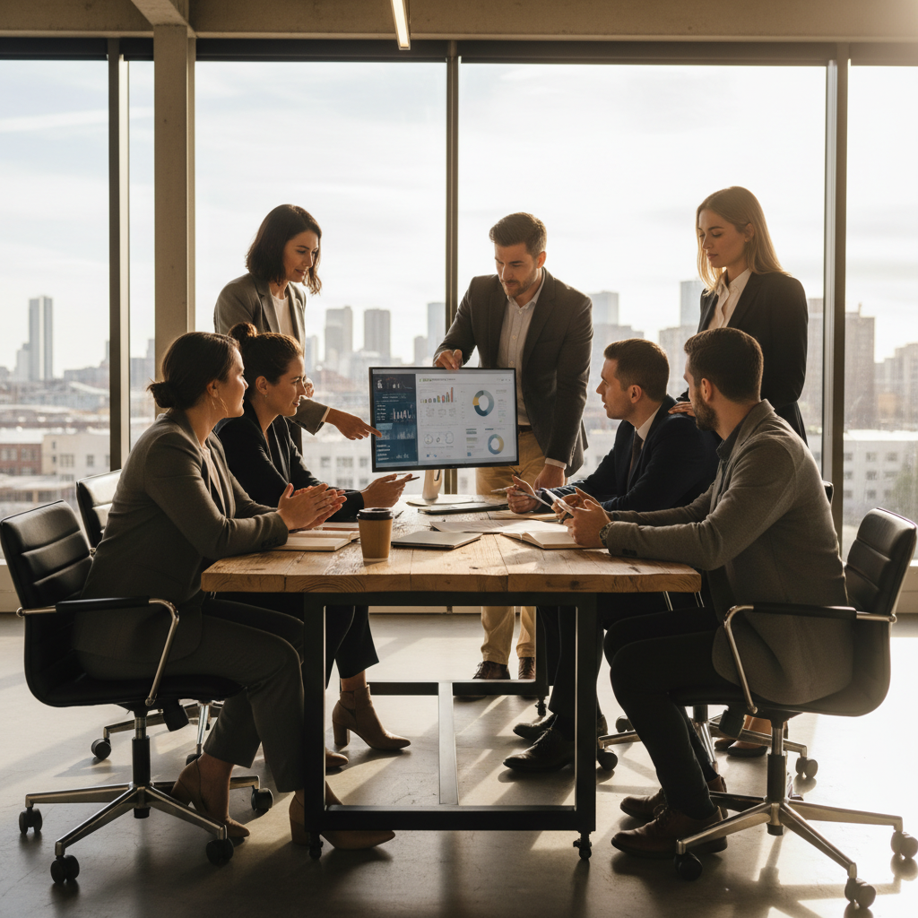Business team in collaborative meeting around conference table