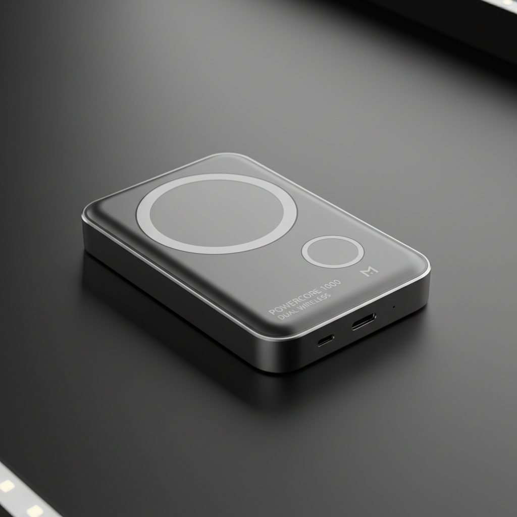 Slim branded wireless power bank on dark desk with subtle lighting