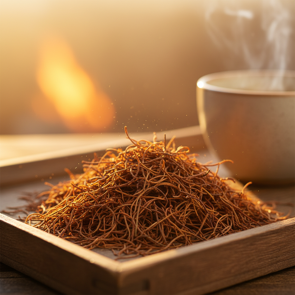 Rooibos tea leaves in warm light