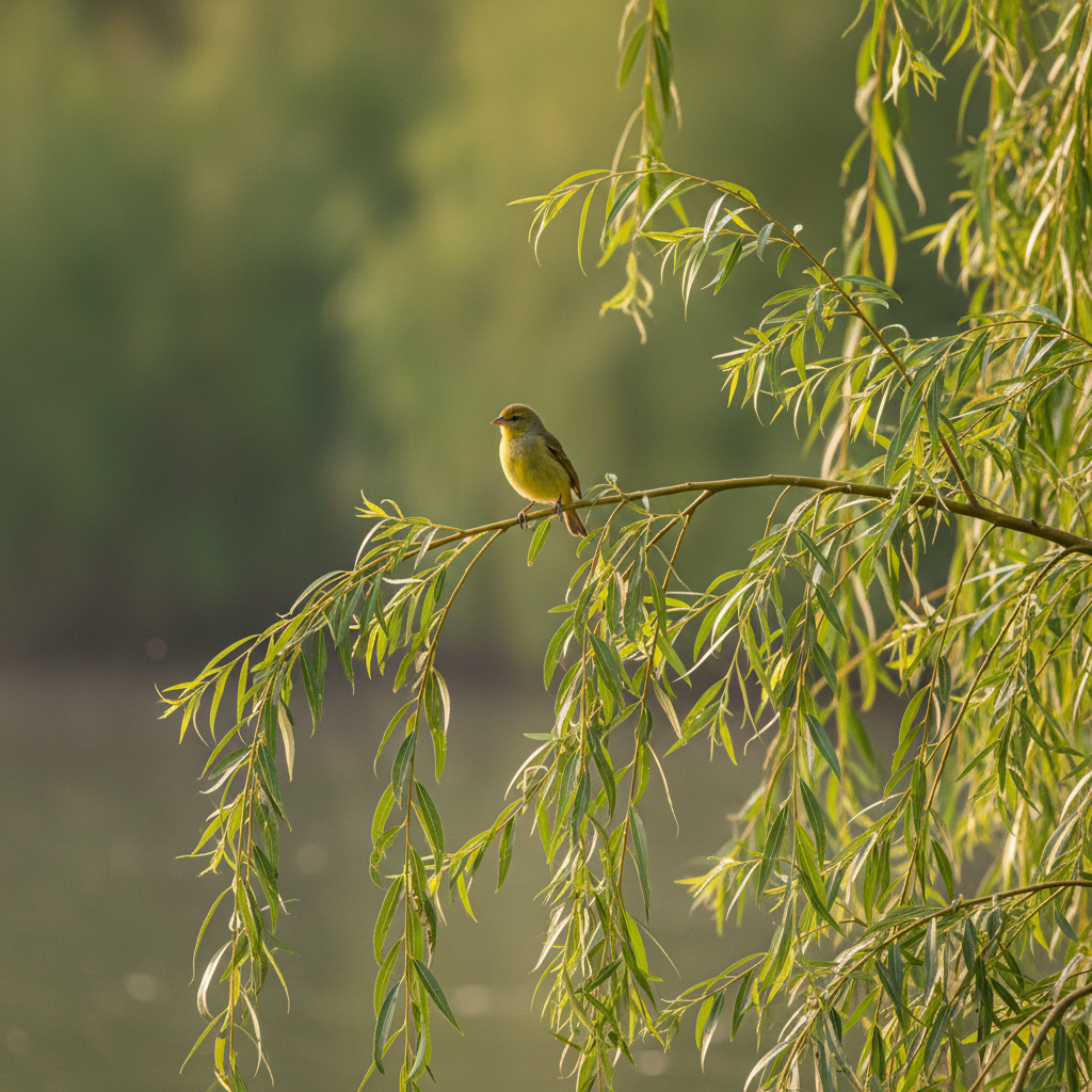 Blurred yellow bird perched in willow branches, challenge identification photo