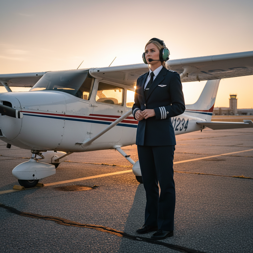Priya Mehta, student pilot, standing beside a Cessna 172 on the tarmac at sunset wearing a headset around her neck