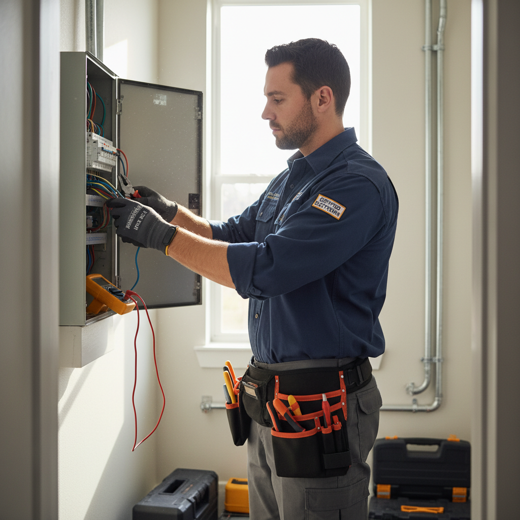 Professional male electrician tutor in workshop, tools and electrical panels visible, confident posture, dark technical environment