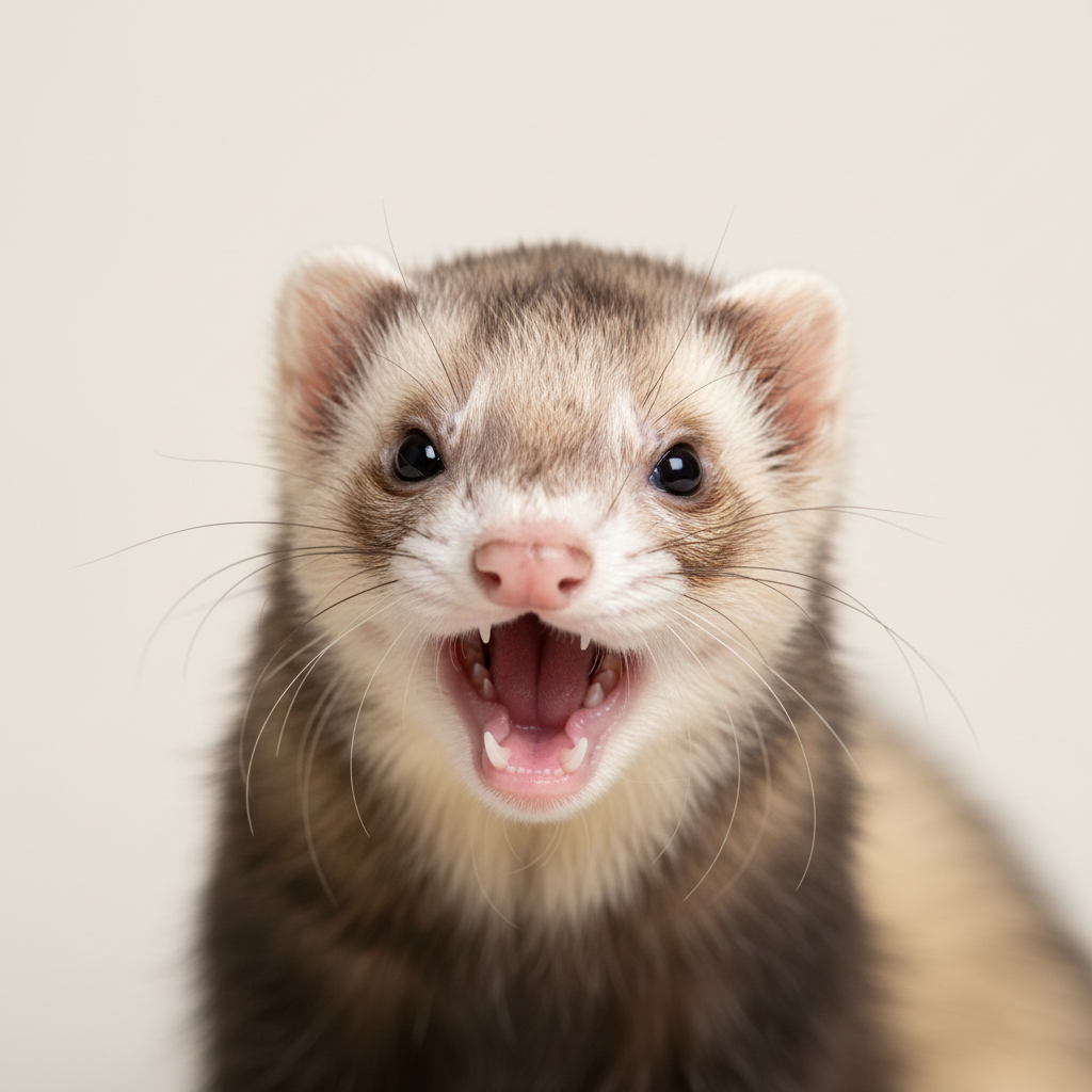 Noodle the ferret mid-dook, mouth wide open, caught at peak joyful expression against cream studio backdrop