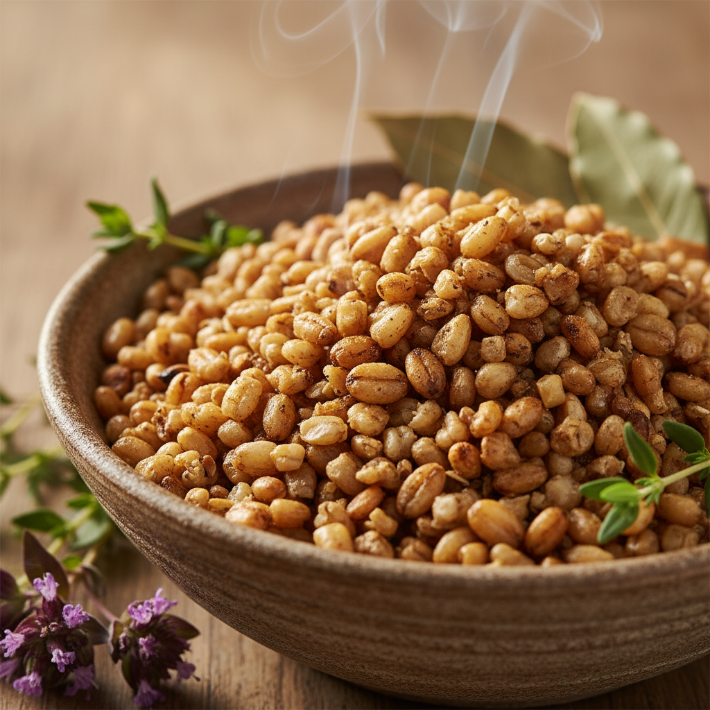 Toasted freekeh grain in a rustic bowl with smoky herbal garnishes